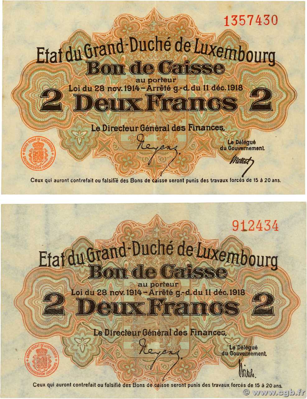 2 Francs Lot LUXEMBOURG  1919 P.28 XF+
