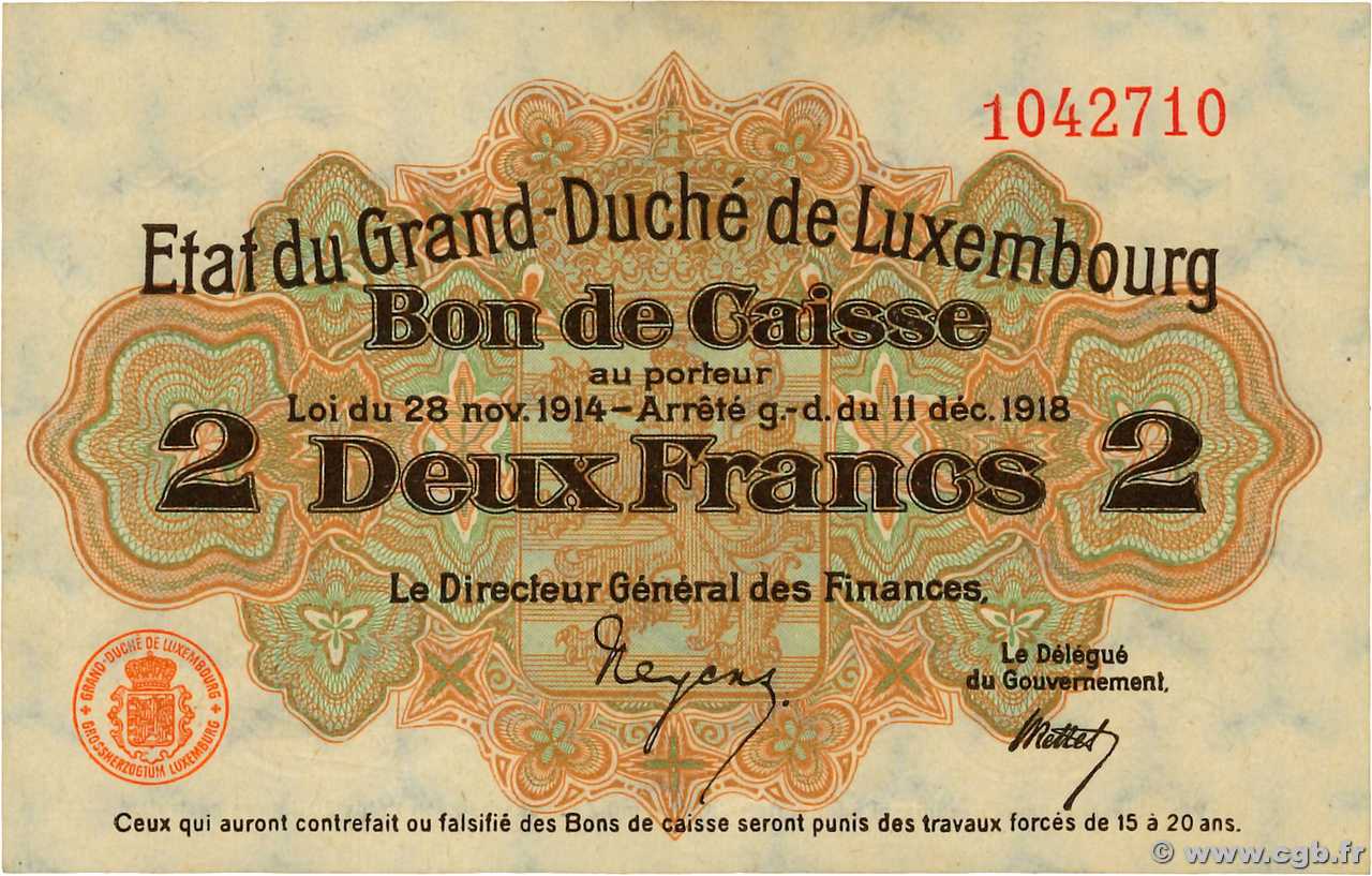 2 Francs LUXEMBOURG  1919 P.28 pr.NEUF