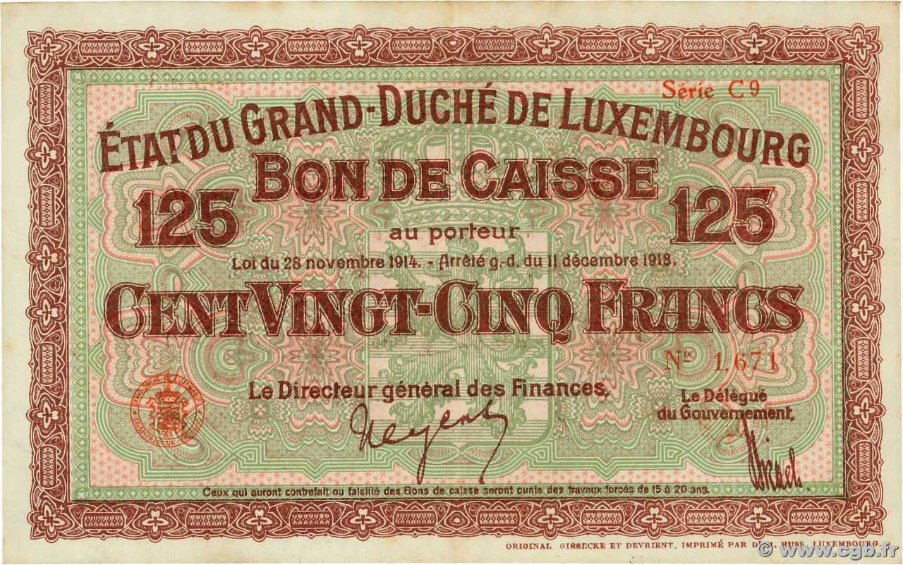 125 Francs LUXEMBOURG  1919 P.32 SUP+