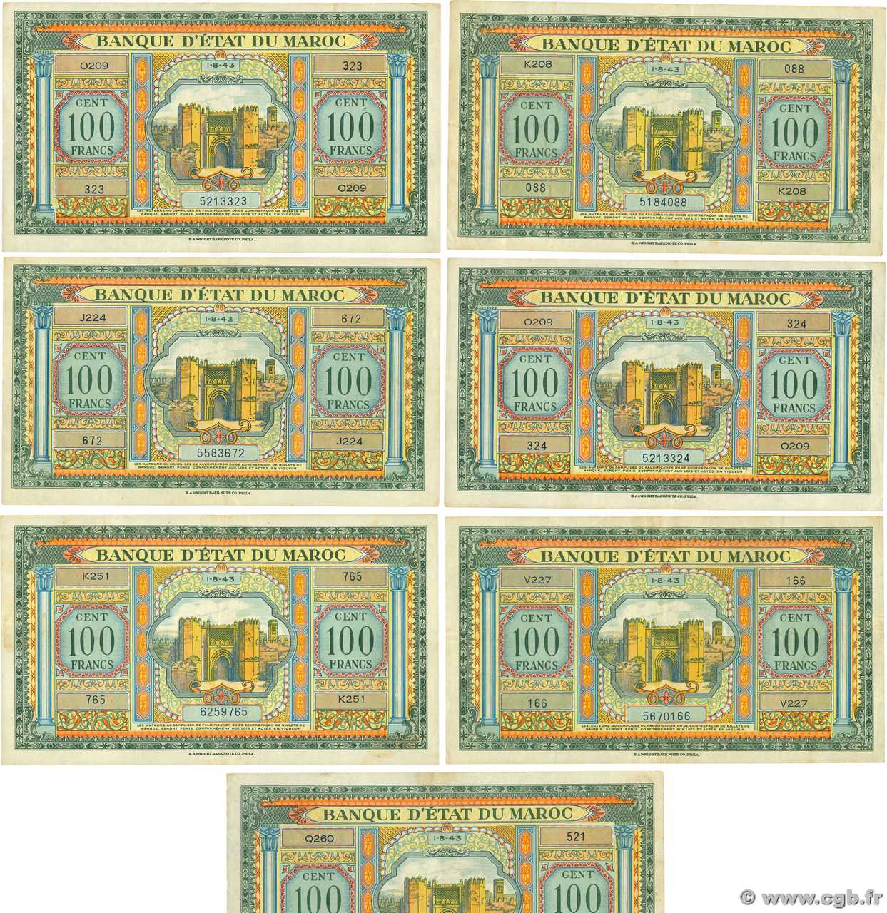 100 Francs Lot MAROKKO  1943 P.27a fSS to SS