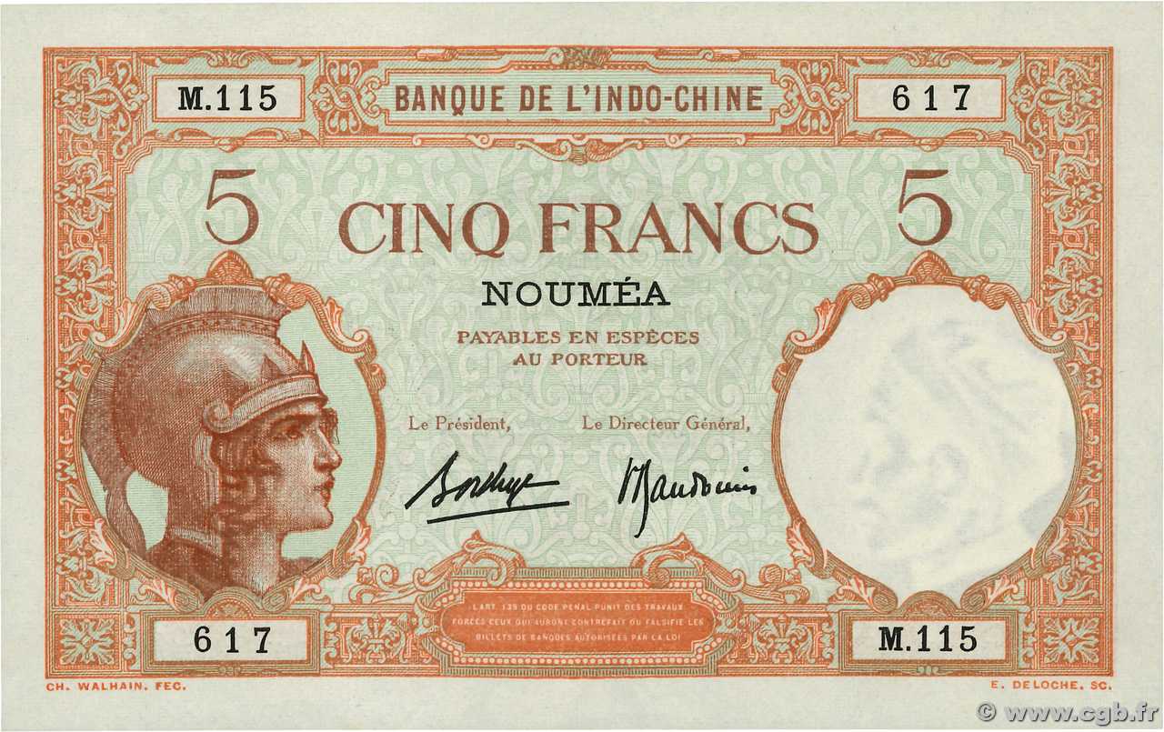 5 Francs NOUVELLE CALÉDONIE  1936 P.36b SUP+