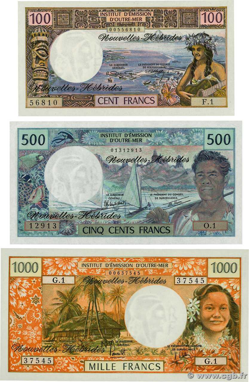 100, 500 et 1000 Francs Lot NEW HEBRIDES  1980 P.18b, P.19c et P.20b UNC