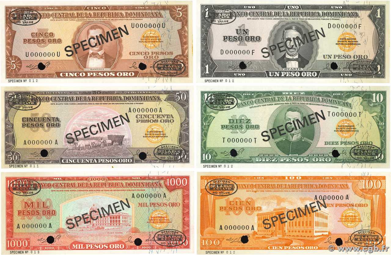 1 à 1000 Dollars Spécimen RÉPUBLIQUE DOMINICAINE  1975 P.108s au P.110s et P.112s, P.113s, P.115s SUP