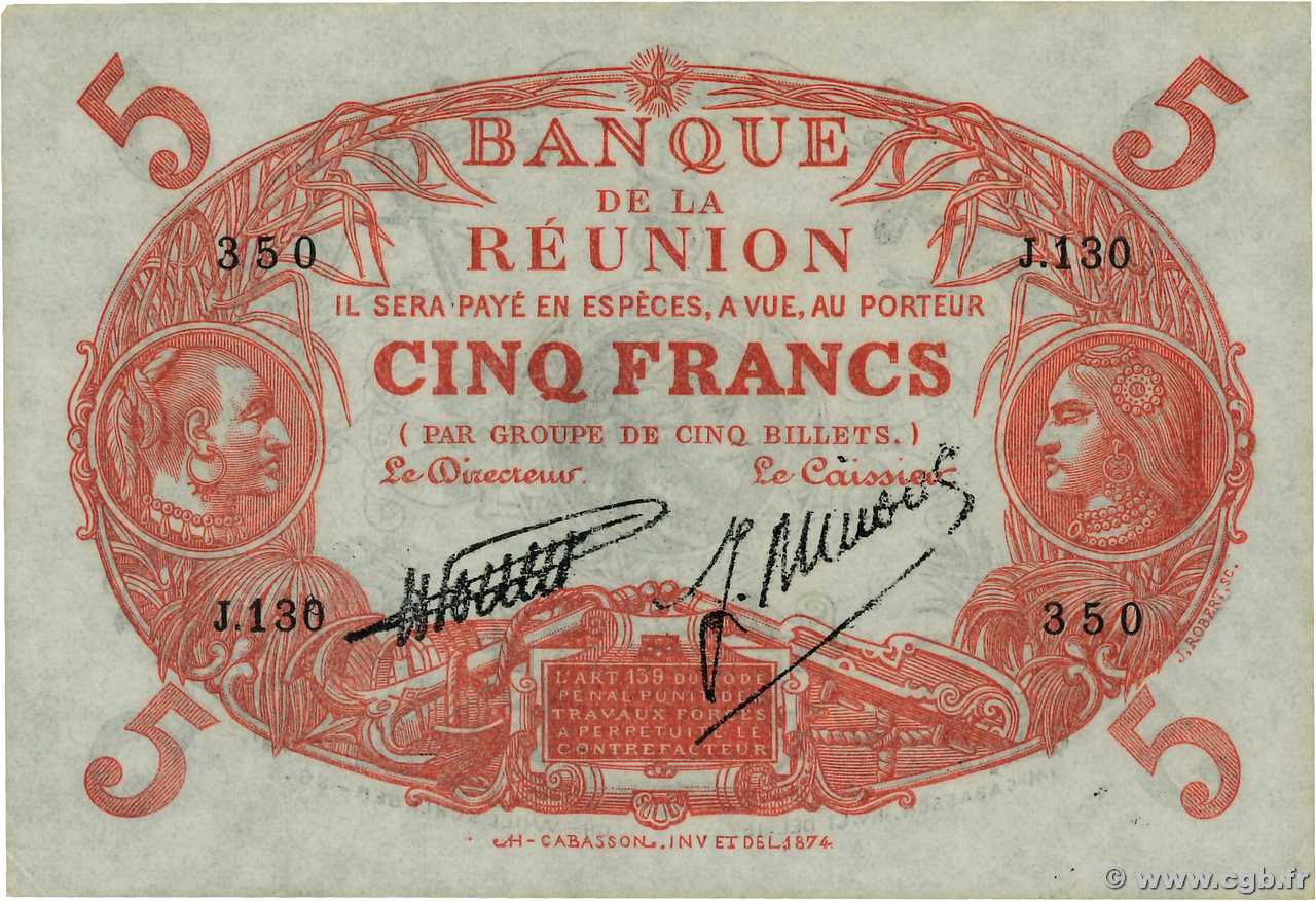 5 Francs Cabasson rouge REUNION ISLAND  1938 P.14 XF+
