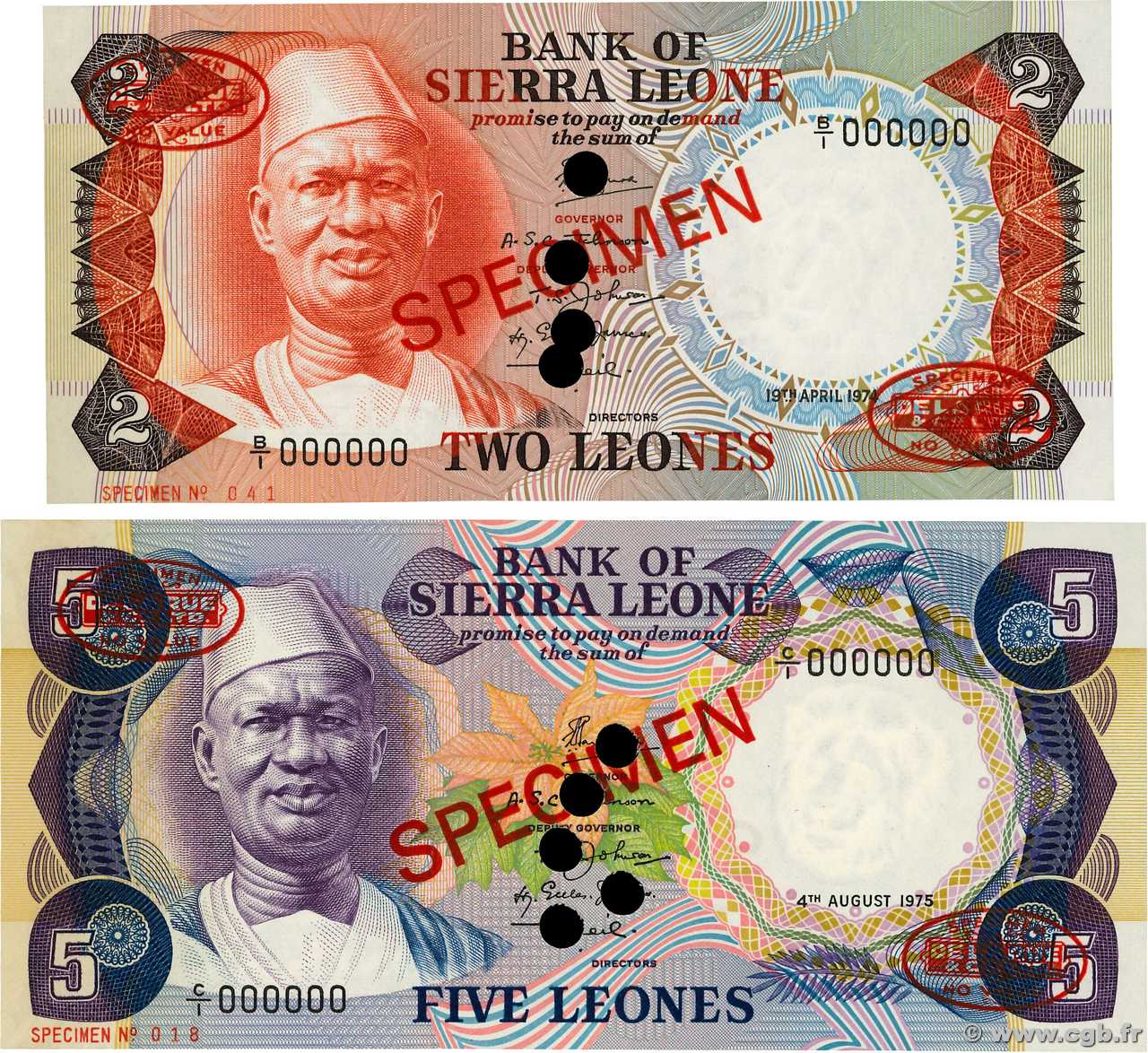 2 et 5 Leones Spécimen SIERRA LEONE  1974 P.06as et P.07as XF