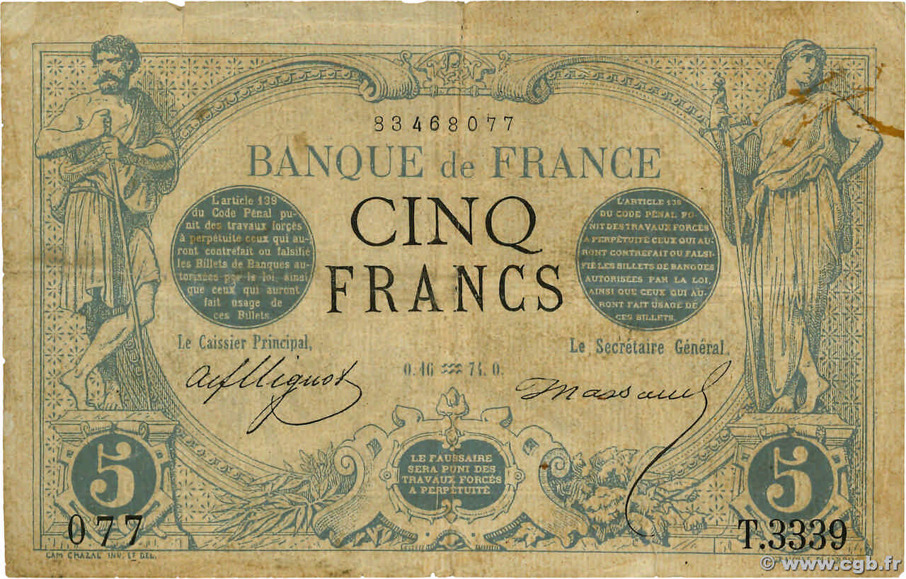 5 Francs NOIR FRANCE  1874 F.01.25 VG