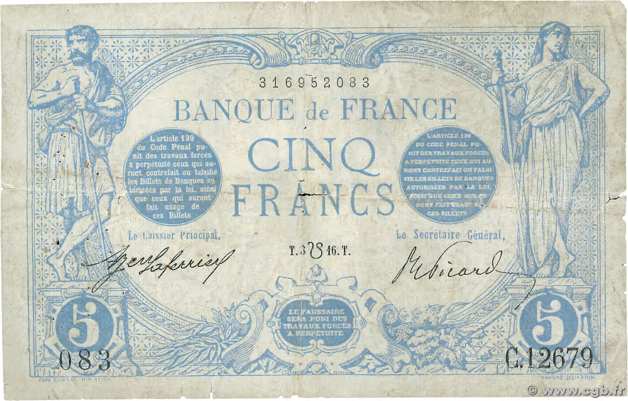 5 Francs BLEU lion inversé FRANKREICH  1916 F.02bis.04 SGE