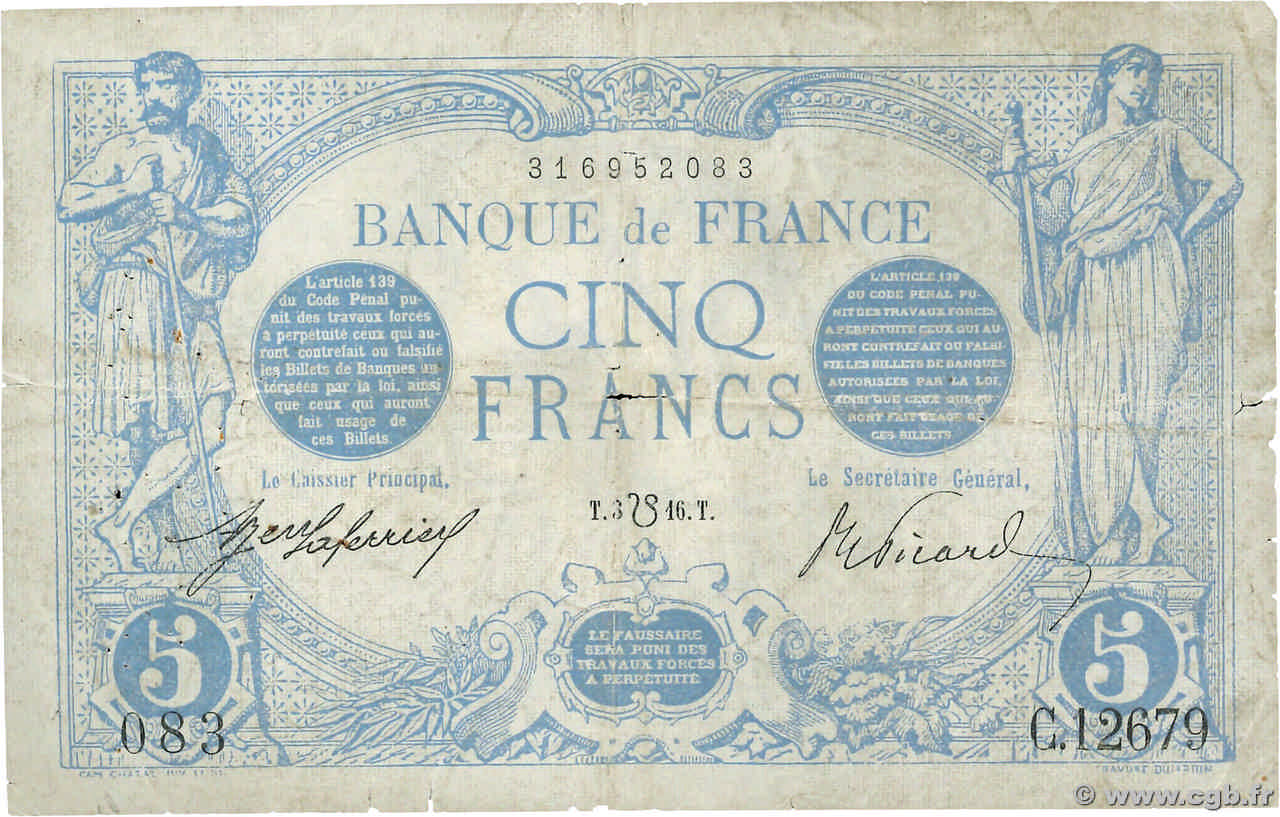 5 Francs BLEU lion inversé FRANCE  1916 F.02bis.04 G