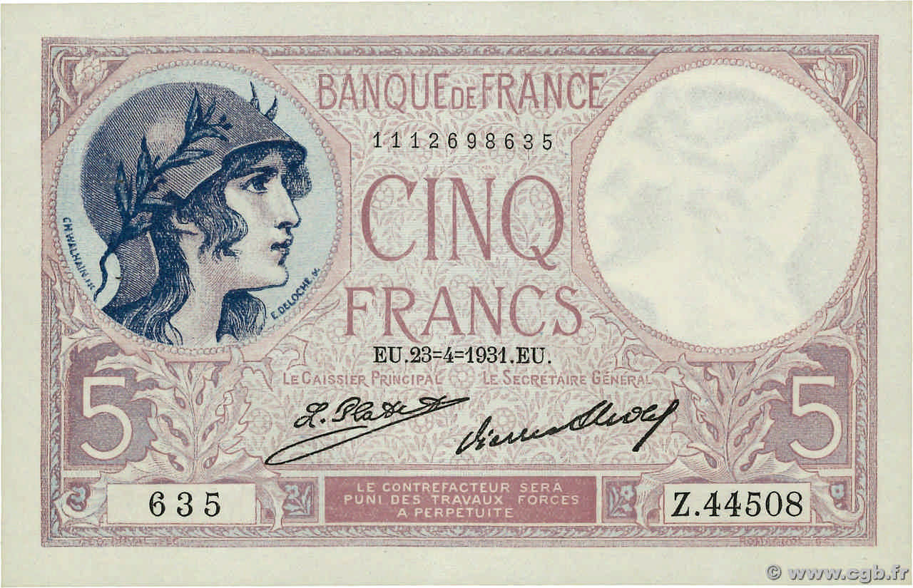 5 Francs FEMME CASQUÉE FRANKREICH  1931 F.03.15 fST