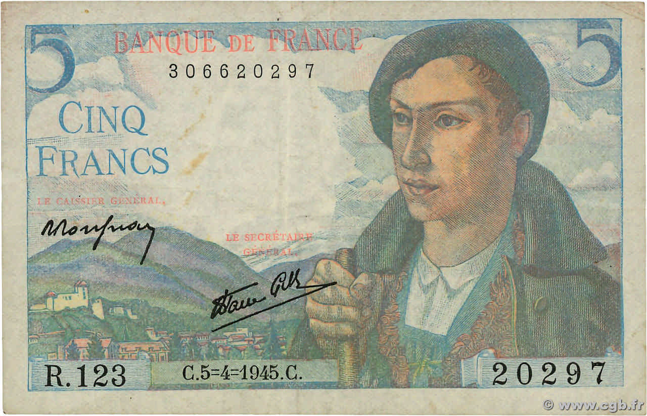 5 Francs BERGER FRANCE  1945 F.05.06 VF