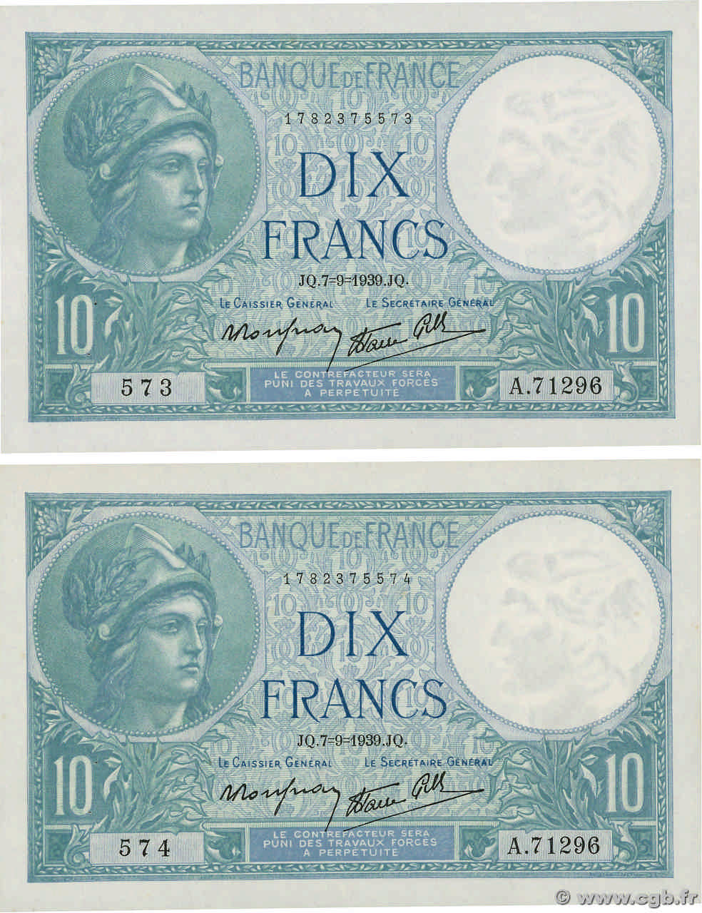 10 Francs MINERVE modifié Consécutifs FRANCE  1939 F.07.06 AU
