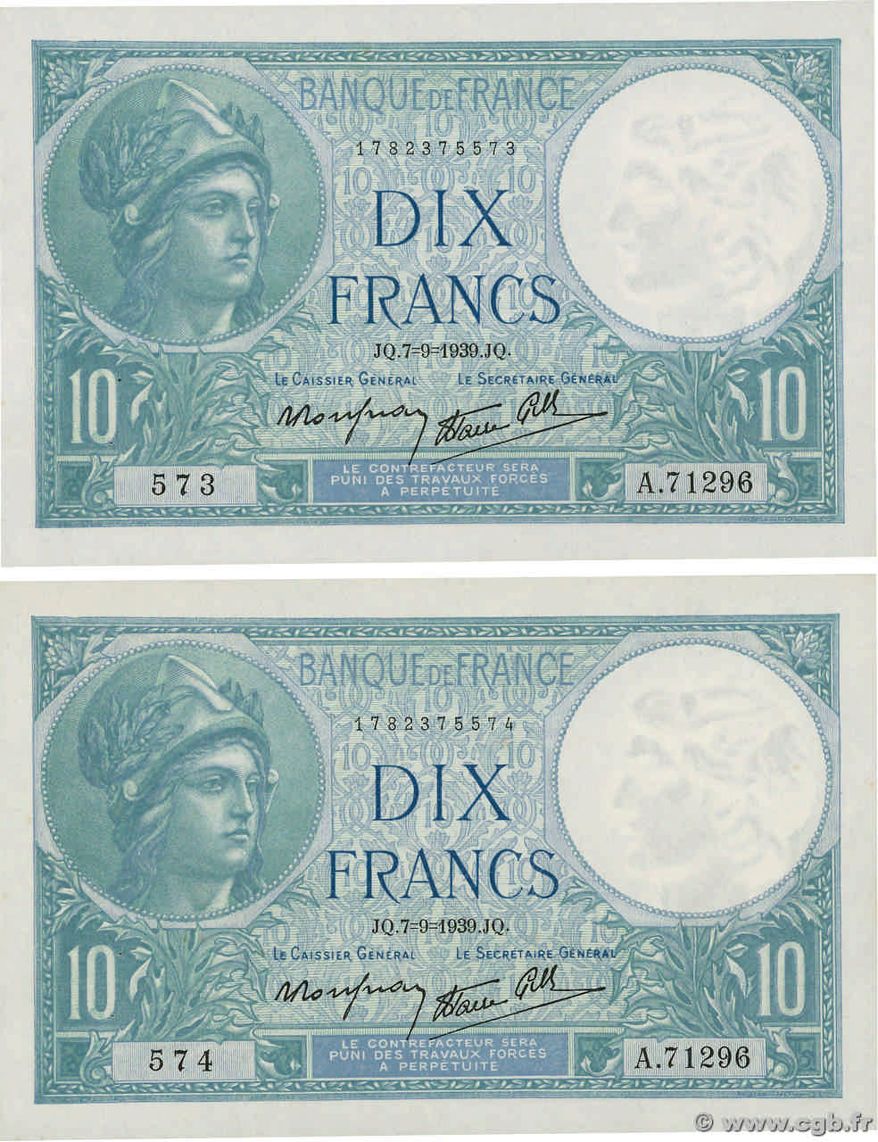 10 Francs MINERVE modifié Consécutifs FRANCIA  1939 F.07.06 AU