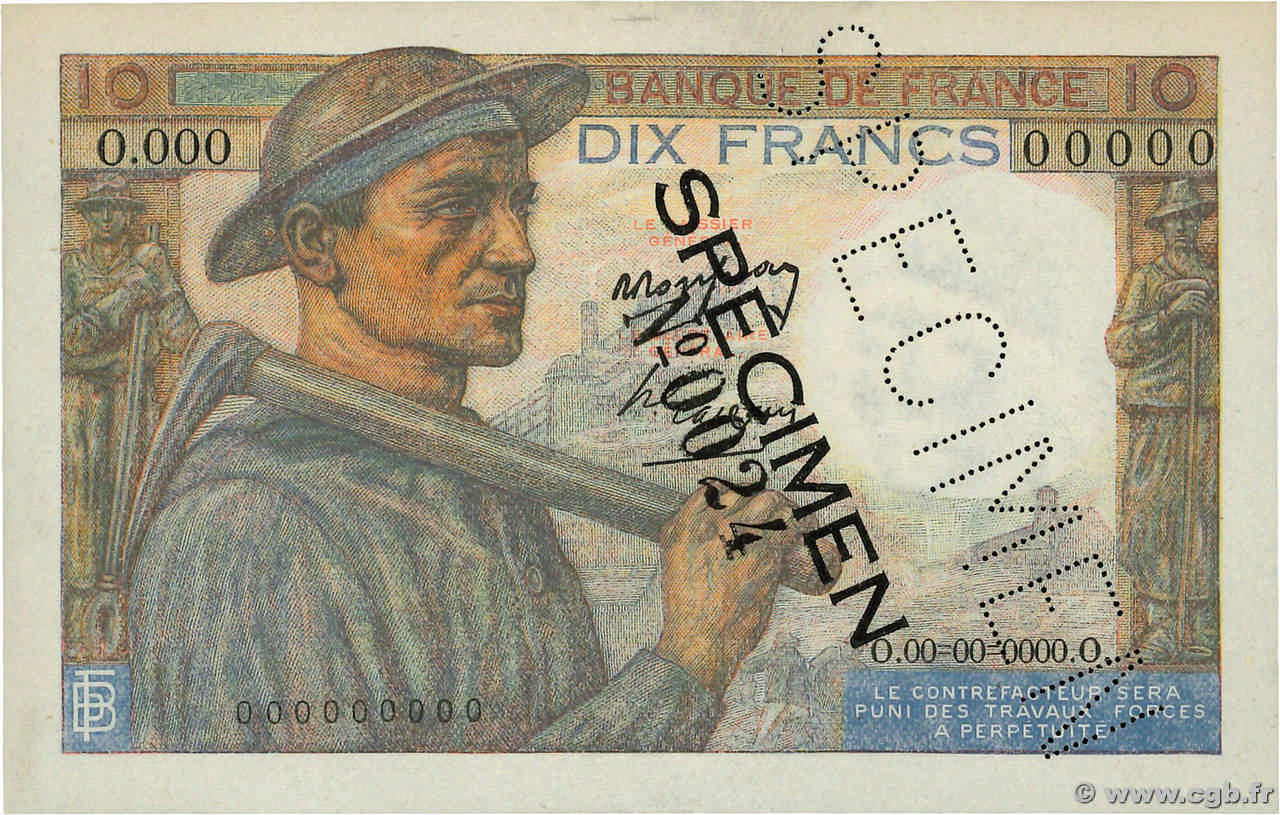 10 Francs MINEUR Spécimen FRANCE  1941 F.08.01Spn UNC-