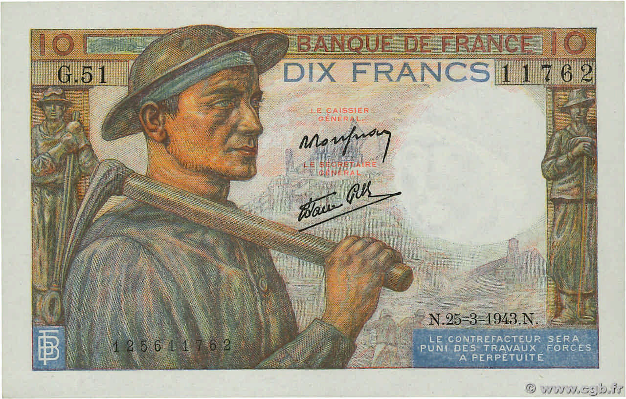 10 Francs MINEUR FRANCE  1943 F.08.08 UNC-
