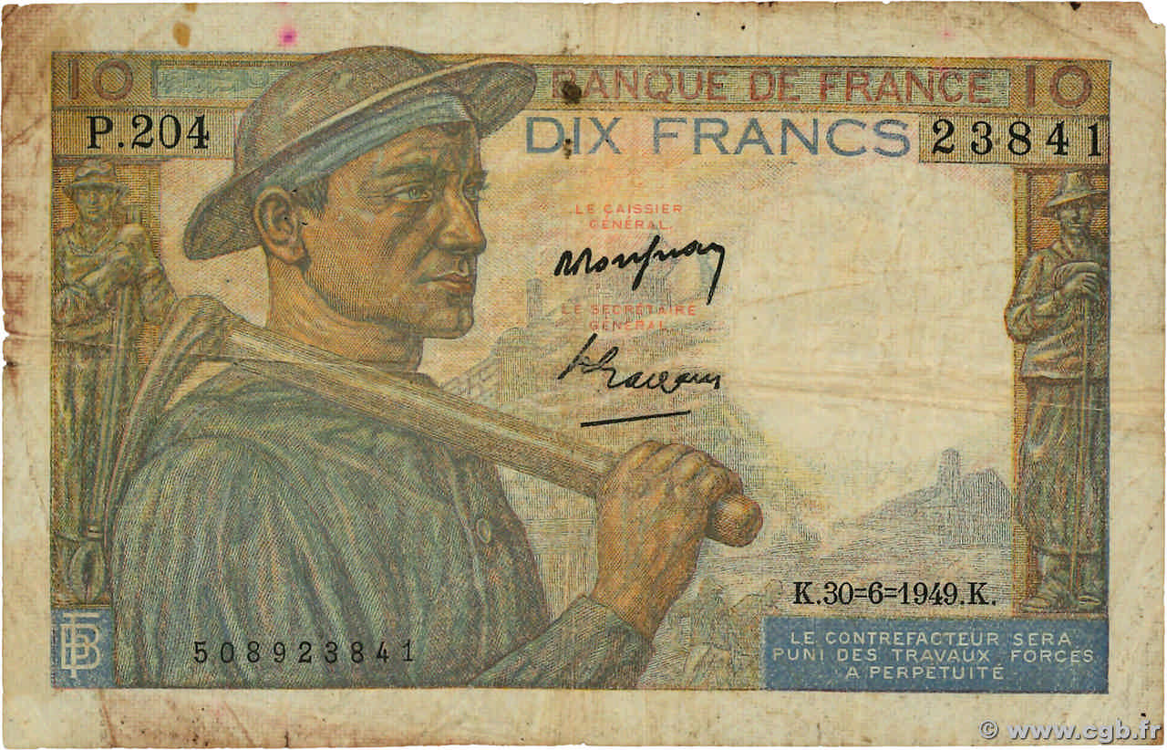 10 Francs MINEUR FRANCE  1949 F.08.22 VG