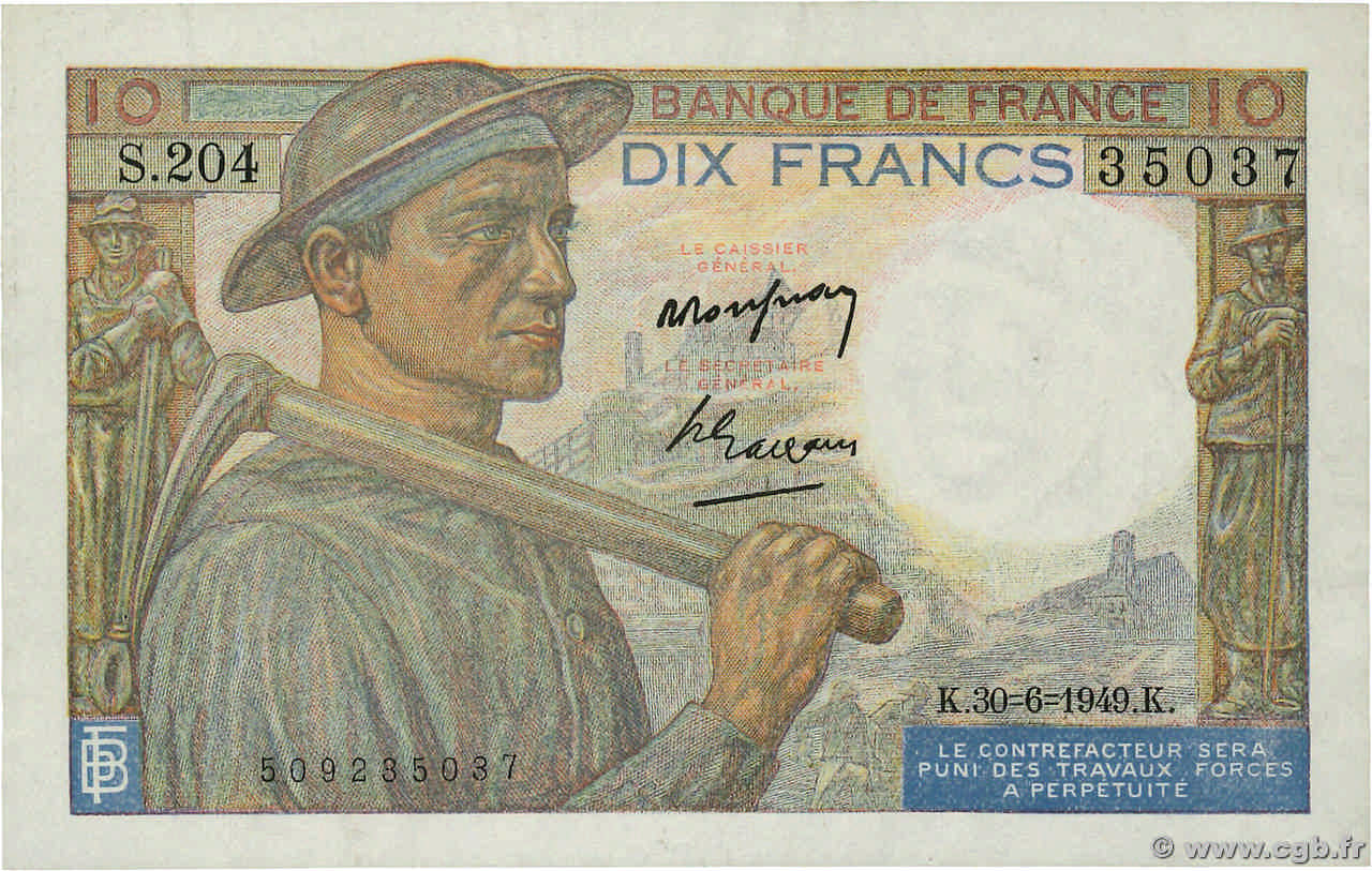 10 Francs MINEUR FRANCE  1949 F.08.22 VF+