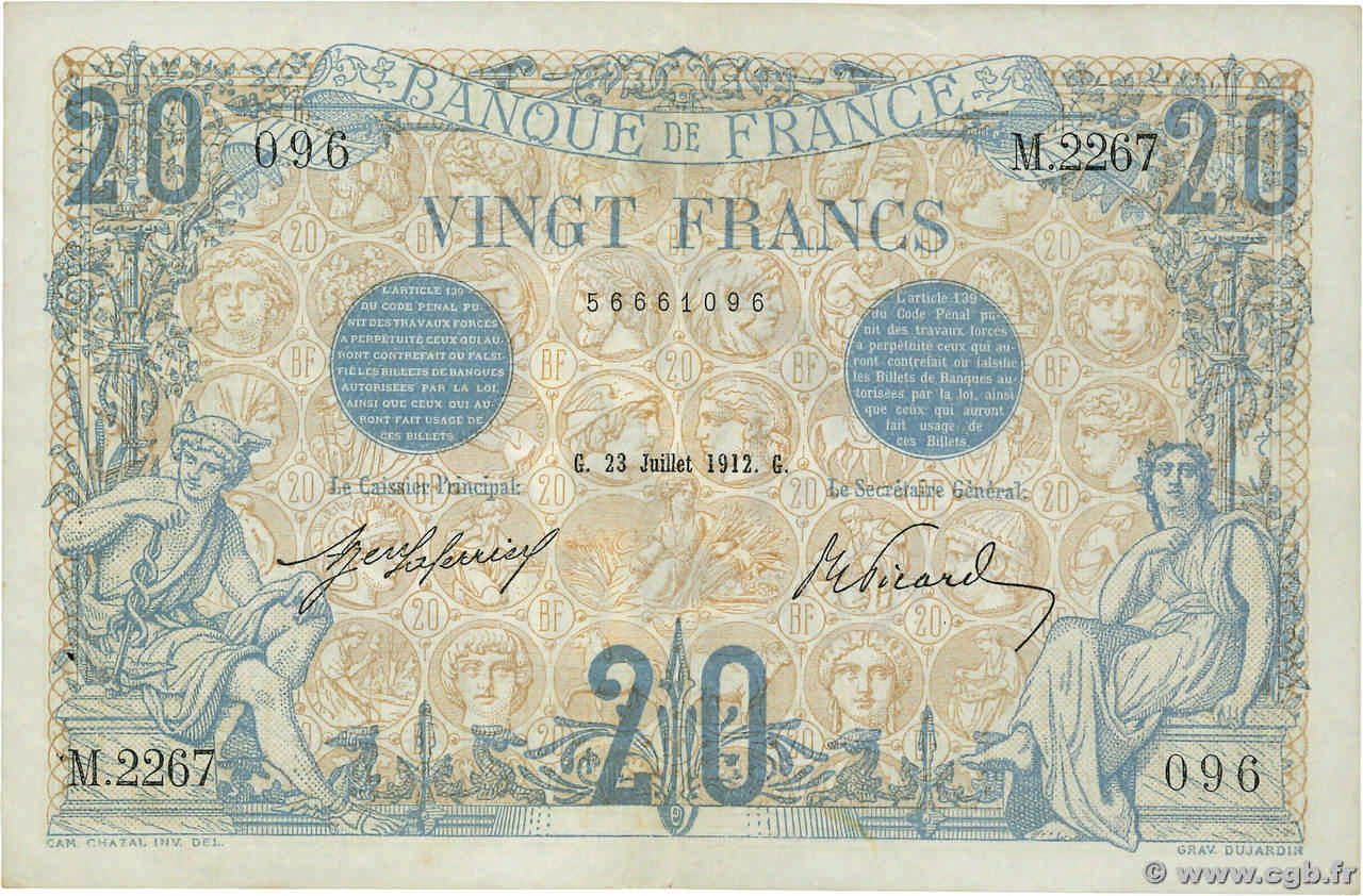 20 Francs BLEU FRANCE  1912 F.10.02 VF+