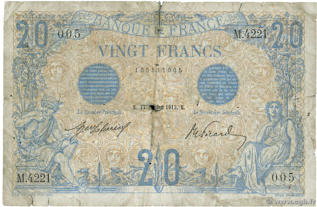20 Francs BLEU FRANKREICH  1913 F.10.03 SGE