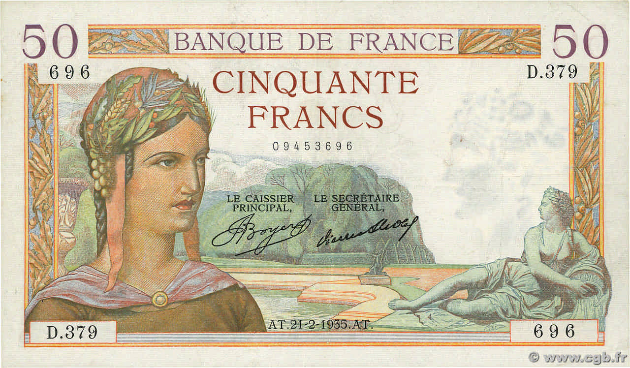 50 Francs CÉRÈS FRANKREICH  1935 F.17.04 fVZ