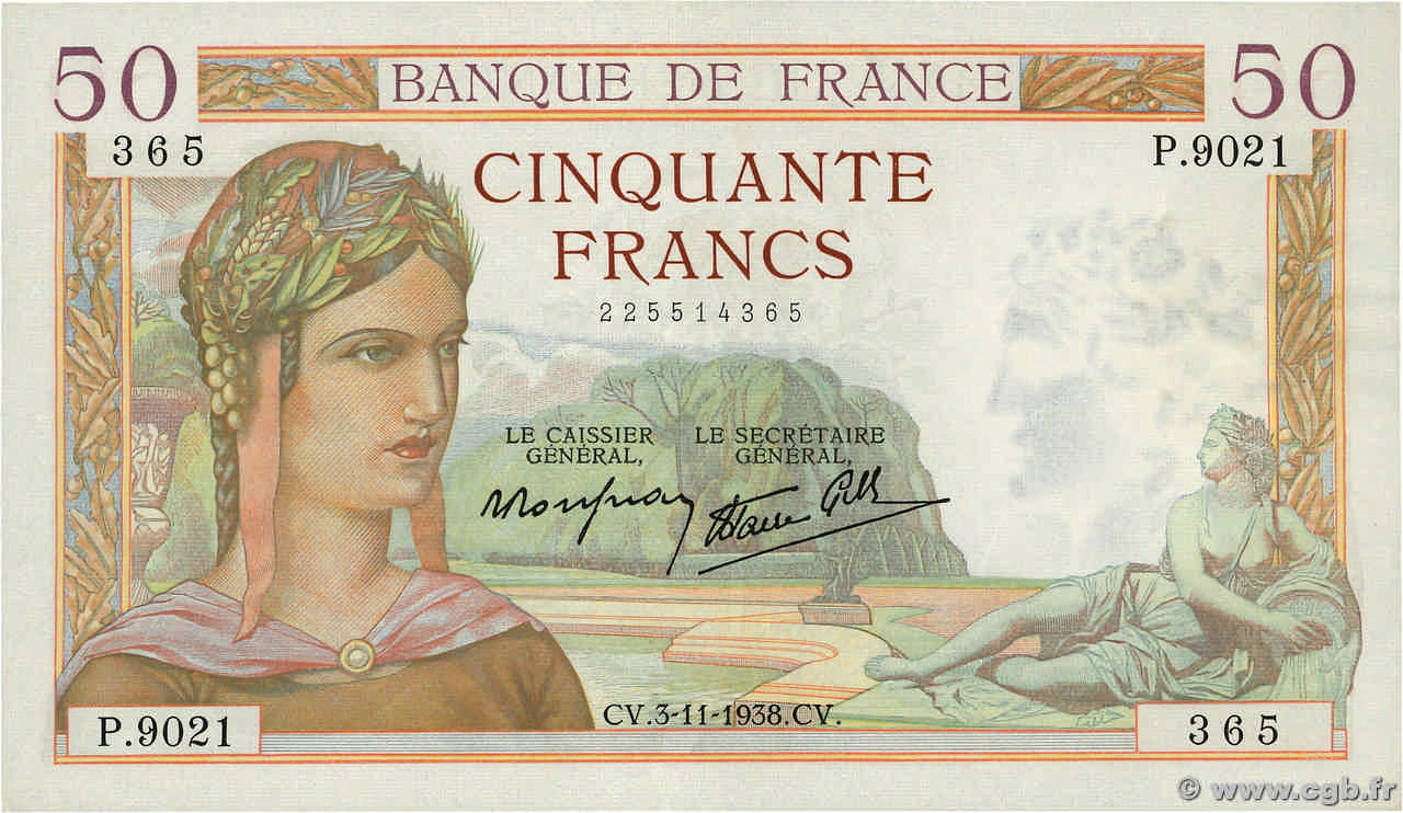 50 Francs CÉRÈS modifié FRANKREICH  1938 F.18.18 VZ+