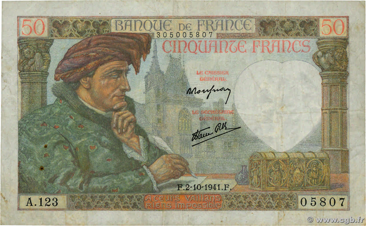 50 Francs JACQUES CŒUR FRANCIA  1941 F.19.15 BC+