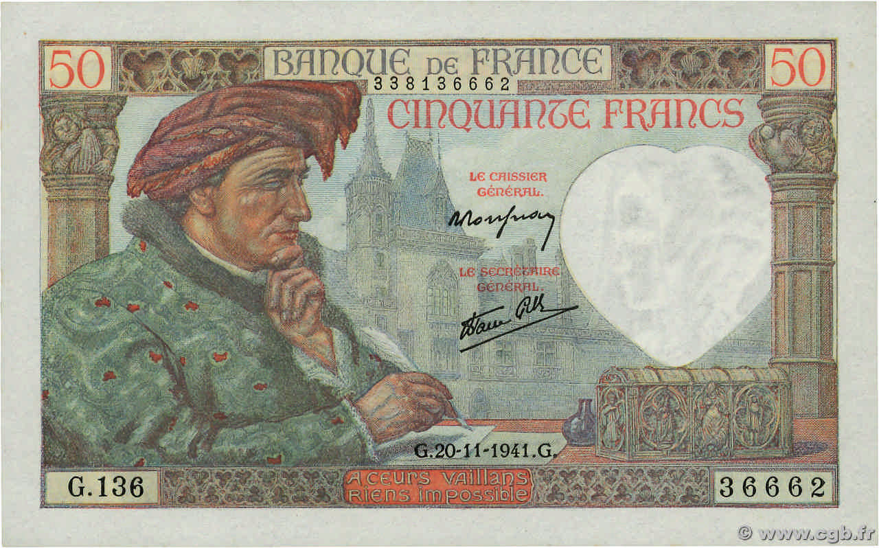 50 Francs JACQUES CŒUR FRANCE  1941 F.19.16 UNC-
