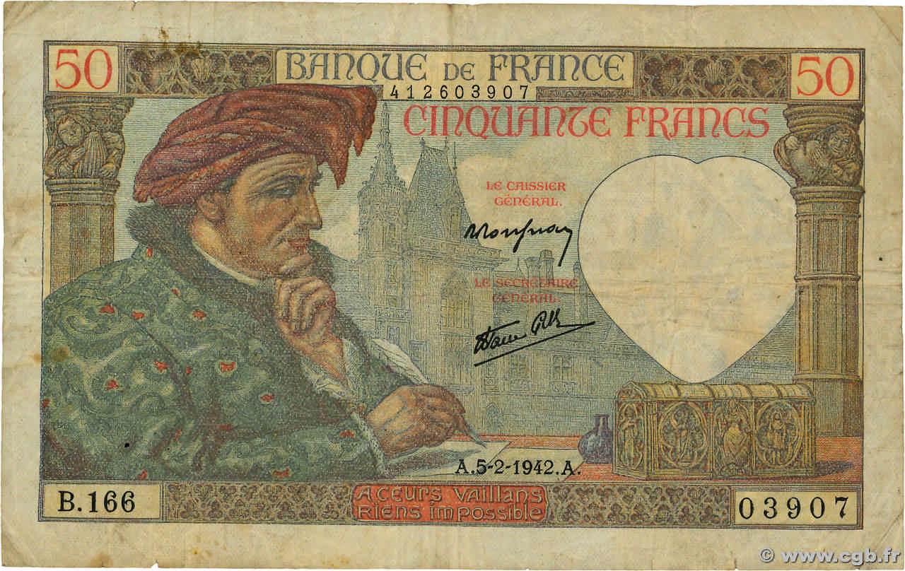 50 Francs JACQUES CŒUR FRANCE  1942 F.19.19 VG