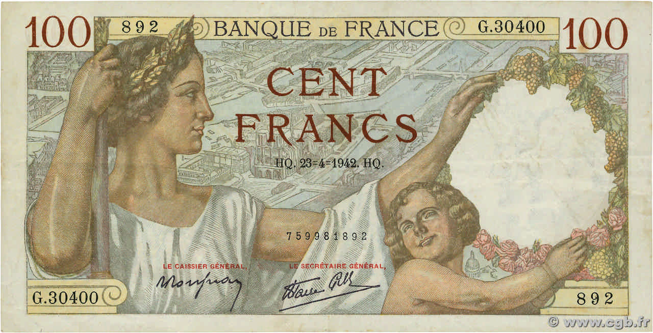 100 Francs SULLY FRANKREICH  1942 F.26.70 fVZ