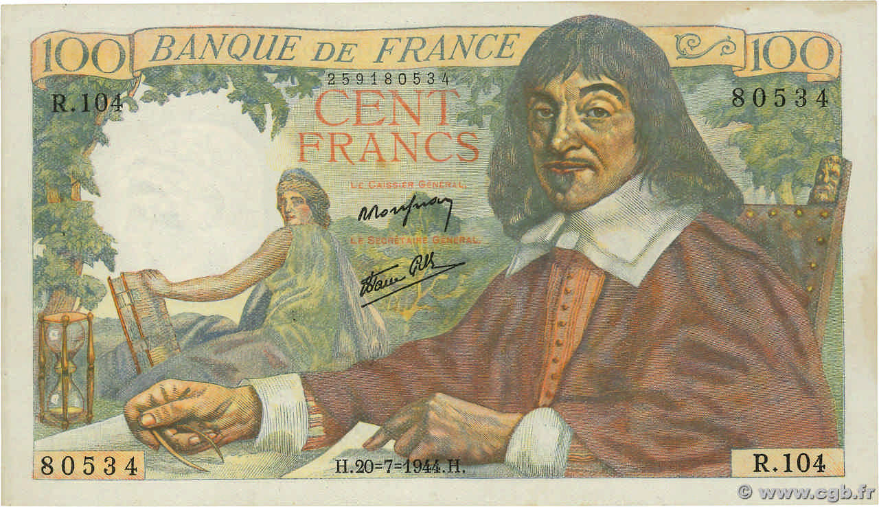 100 Francs DESCARTES FRANCIA  1944 F.27.06 EBC