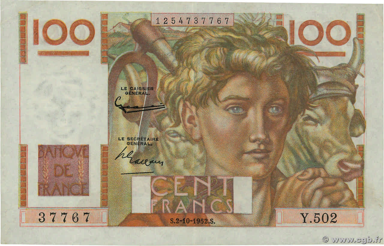 100 Francs JEUNE PAYSAN filigrane inversé FRANKREICH  1952 F.28bis.01 fVZ