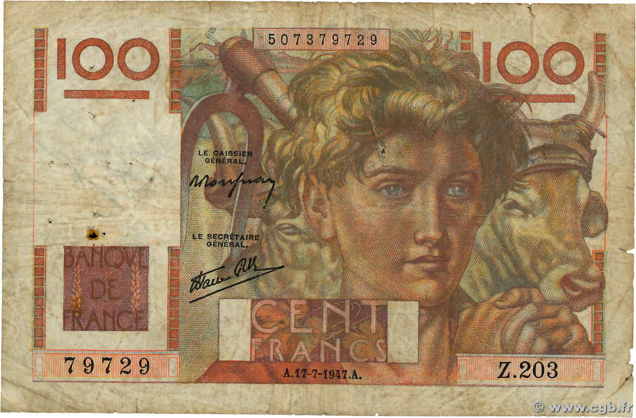 100 Francs JEUNE PAYSAN Favre-Gilly FRANKREICH  1947 F.28ter.01 SGE
