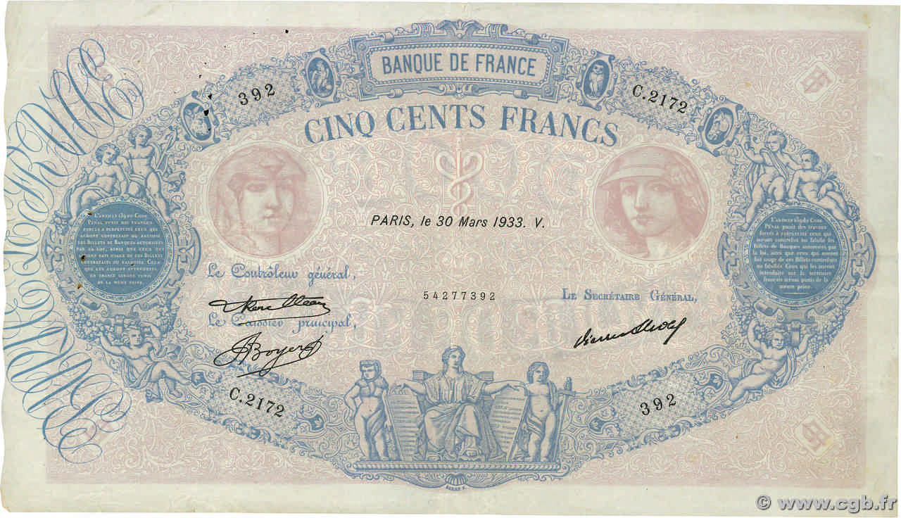 500 Francs BLEU ET ROSE FRANCE  1933 F.30.36 F+