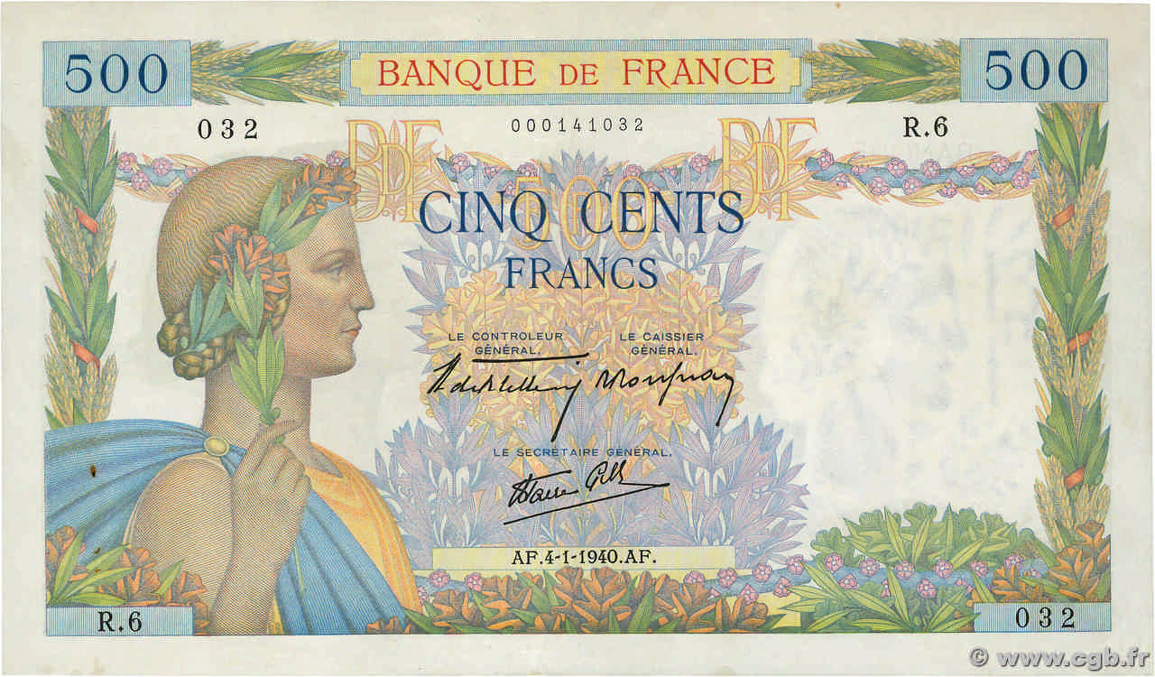 500 Francs LA PAIX FRANKREICH  1940 F.32.01 VZ