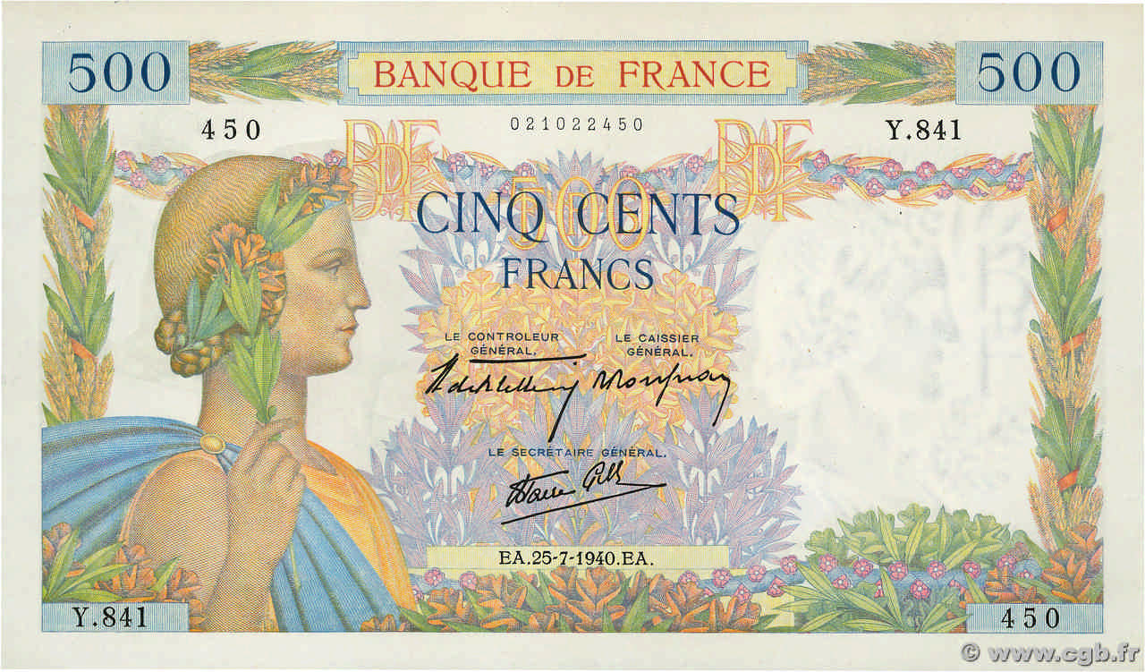 500 Francs LA PAIX FRANCIA  1940 F.32.05 q.FDC