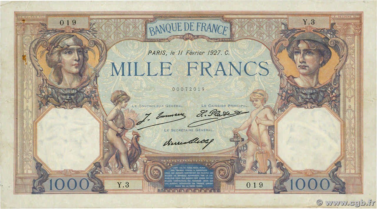 1000 Francs CÉRÈS ET MERCURE FRANCIA  1927 F.37.01 MBC