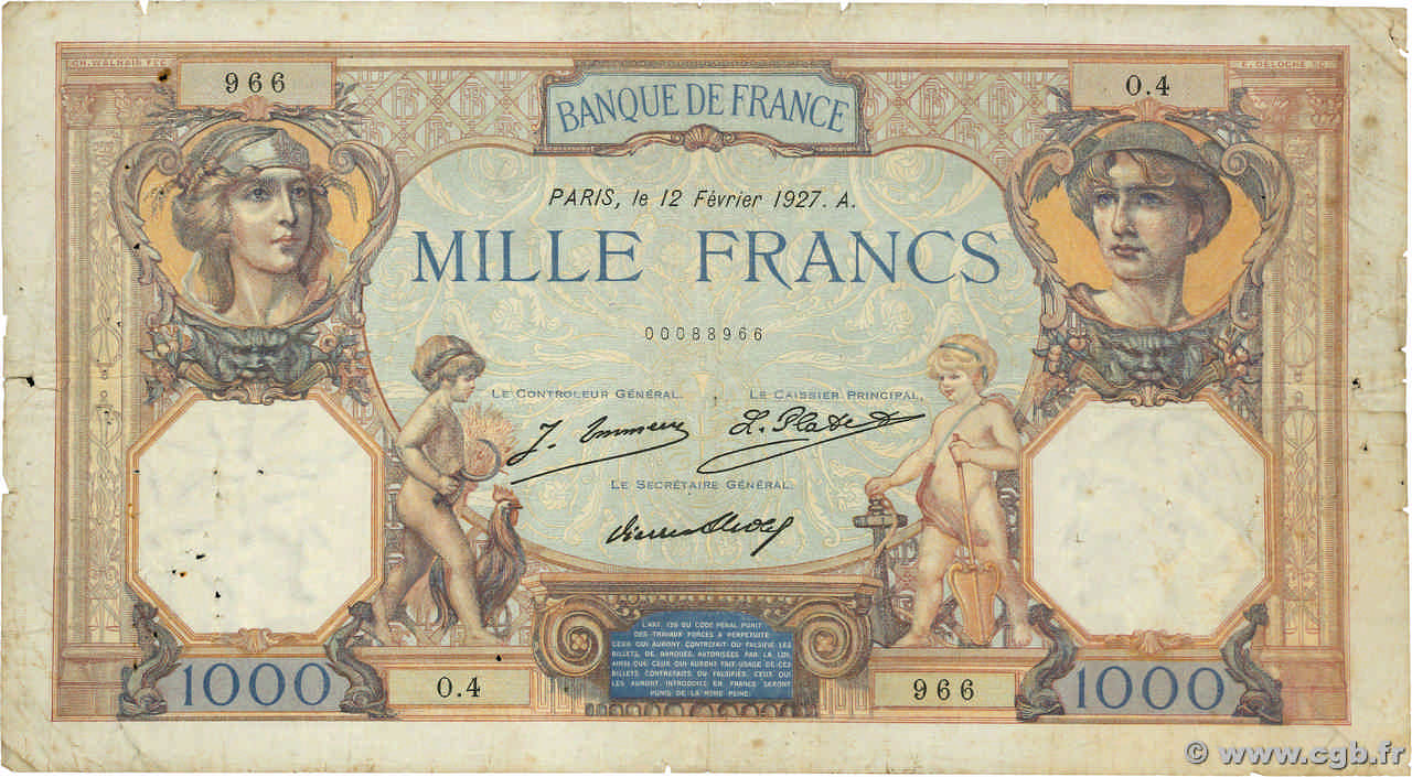 1000 Francs CÉRÈS ET MERCURE FRANCE  1927 F.37.01 B+