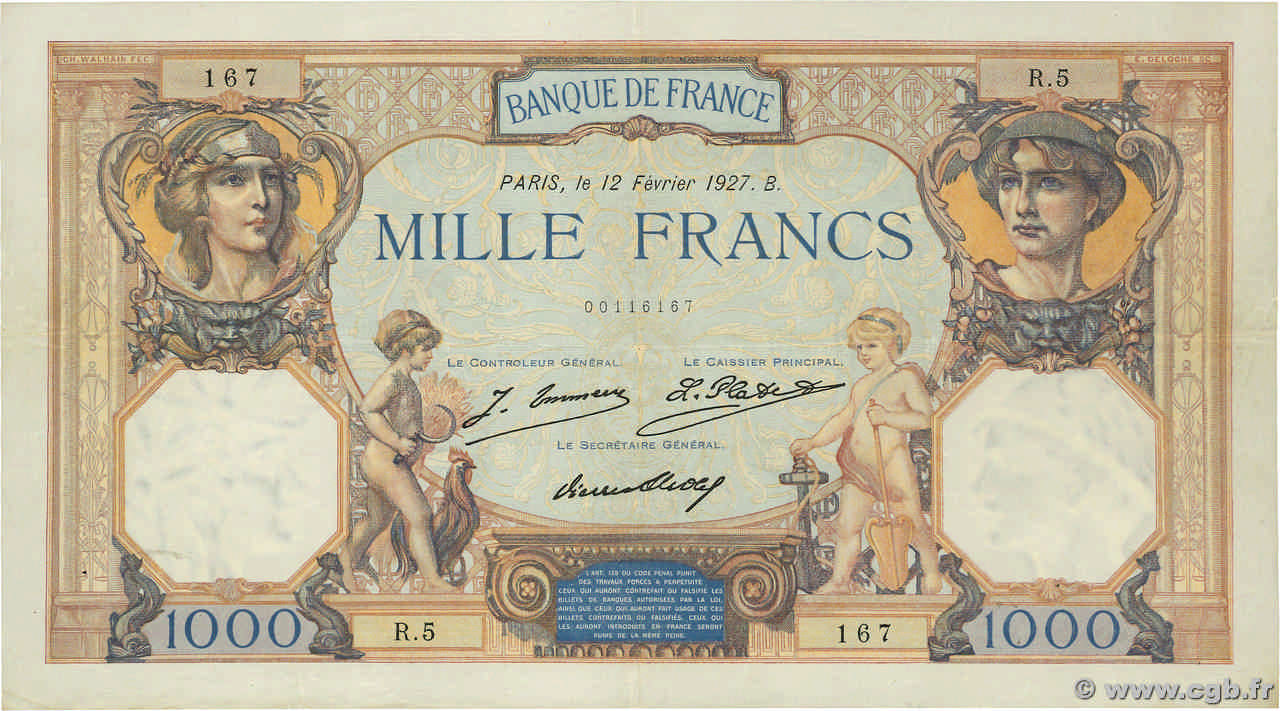 1000 Francs CÉRÈS ET MERCURE FRANCE  1927 F.37.01 TTB+