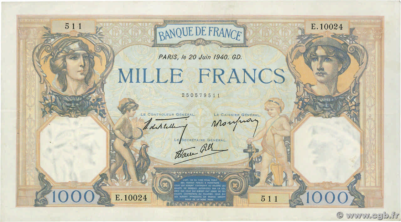 1000 Francs CÉRÈS ET MERCURE type modifié FRANCIA  1940 F.38.49 MBC+