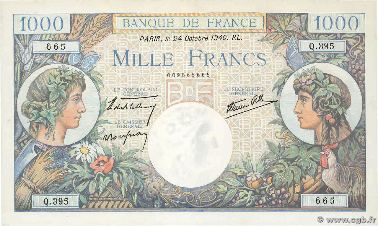 1000 Francs COMMERCE ET INDUSTRIE FRANCE  1940 F.39.01 AU+