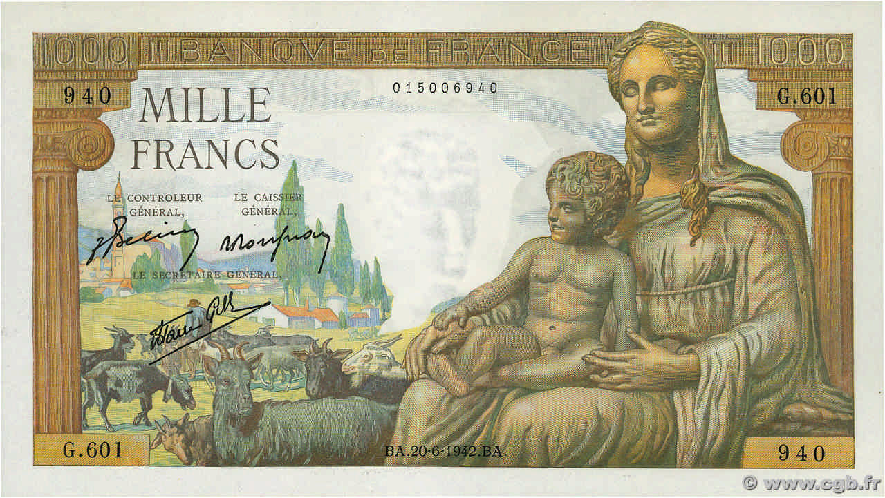 1000 Francs DÉESSE DÉMÉTER FRANCIA  1942 F.40.03 FDC