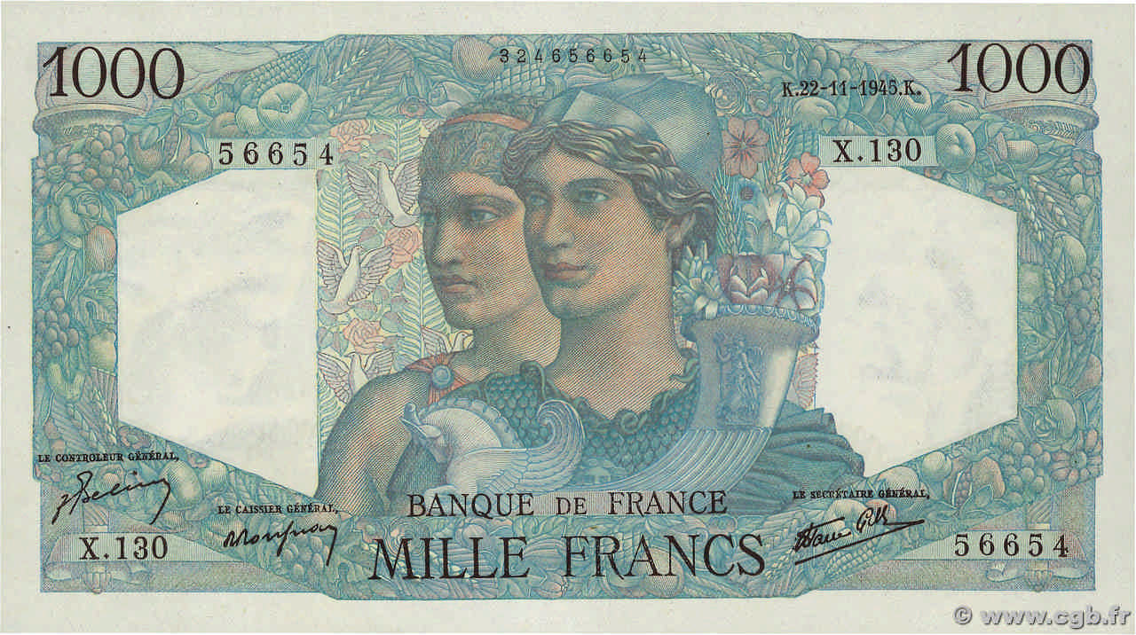 1000 Francs MINERVE ET HERCULE FRANCE  1945 F.41.08 UNC-