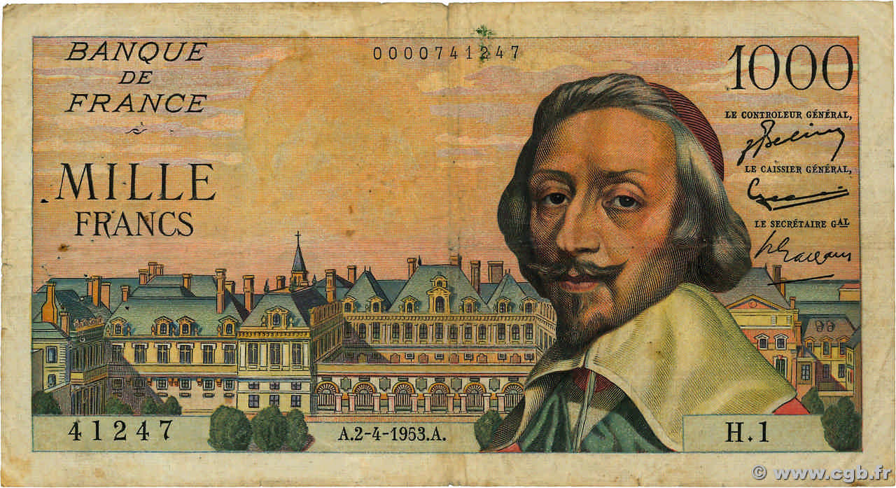 1000 Francs RICHELIEU FRANCIA  1953 F.42.01 RC+