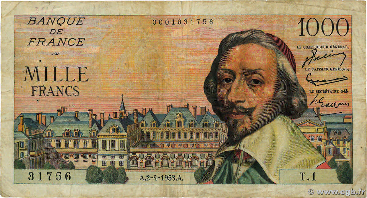 1000 Francs RICHELIEU FRANCE  1953 F.42.01 B+