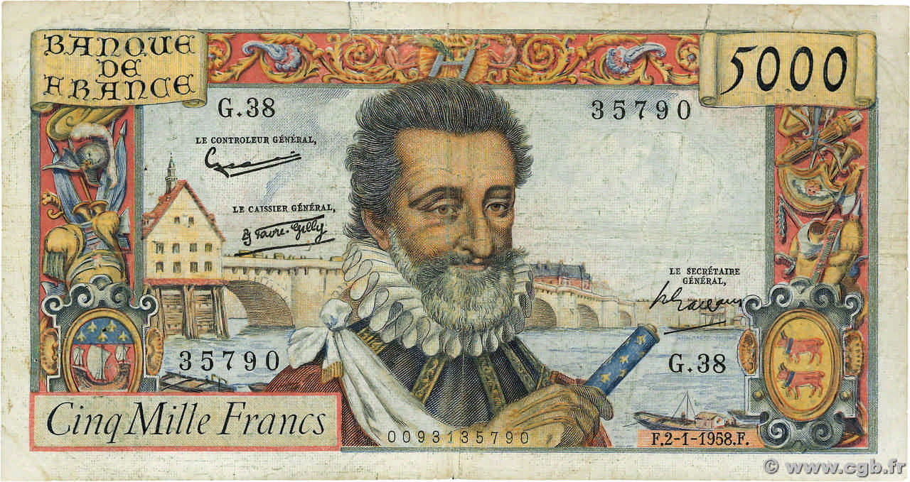 5000 Francs HENRI IV FRANCE  1958 F.49.05 G