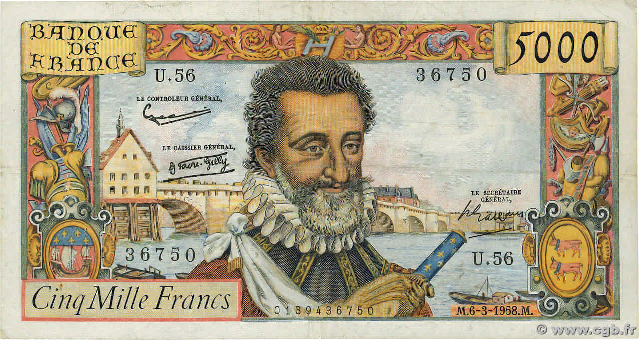 5000 Francs HENRI IV FRANCIA  1958 F.49.06 BC