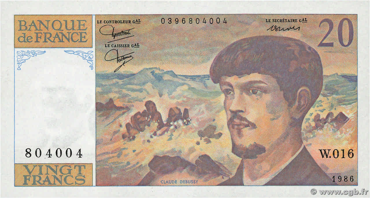 20 Francs DEBUSSY FRANKREICH  1986 F.66.07W16 ST