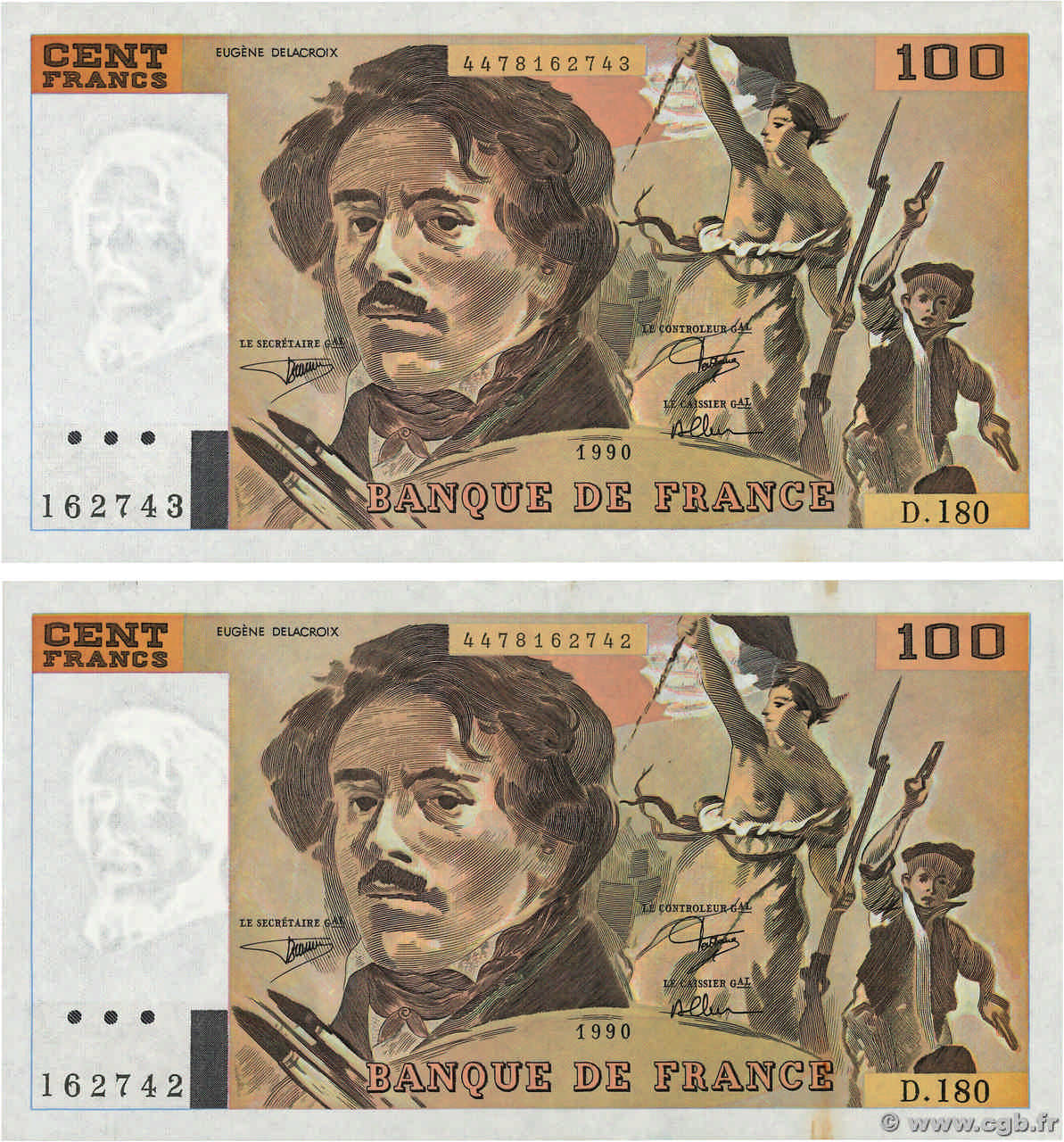 100 Francs DELACROIX imprimé en continu Consécutifs FRANKREICH  1990 F.69bis.02d fST