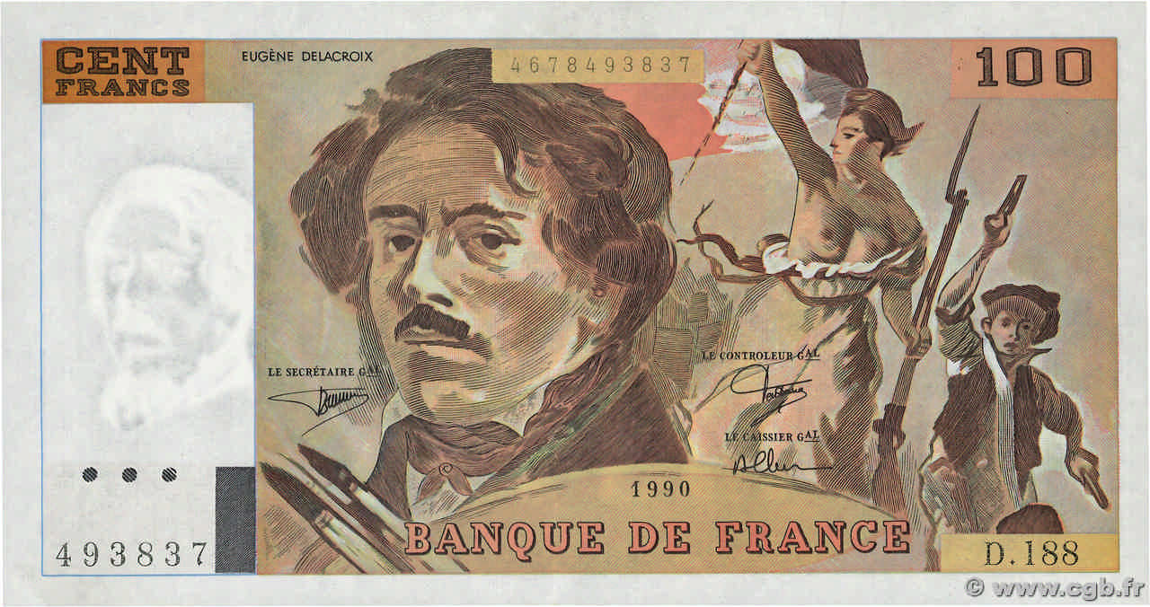 100 Francs DELACROIX imprimé en continu FRANCE  1990 F.69bis.02e1 AU