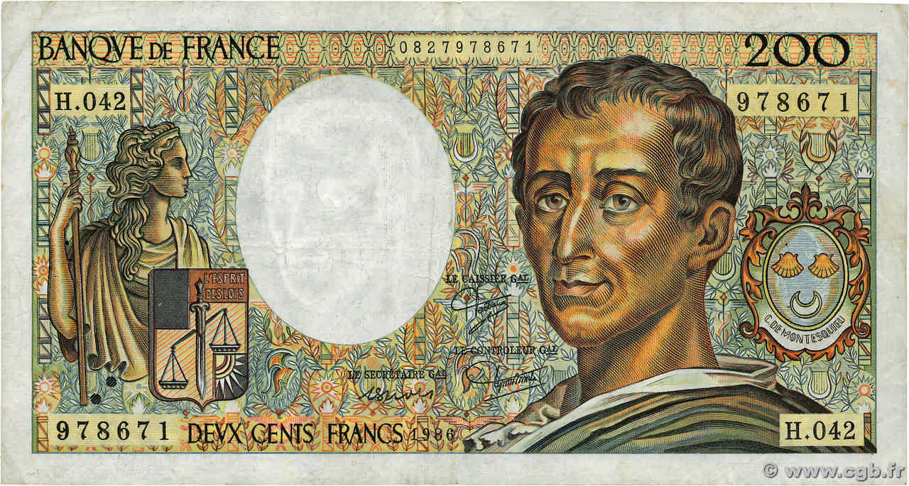 200 Francs MONTESQUIEU alphabet H.402 FRANCIA  1986 F.70ter.01a BC+