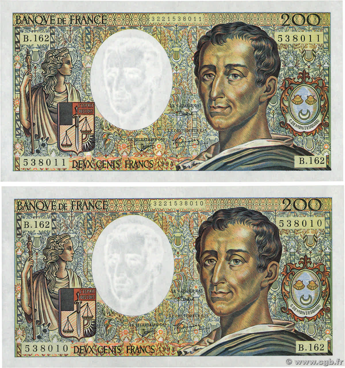 200 Francs MONTESQUIEU Modifié Consécutifs FRANCE  1994 F.70/2.01 AU